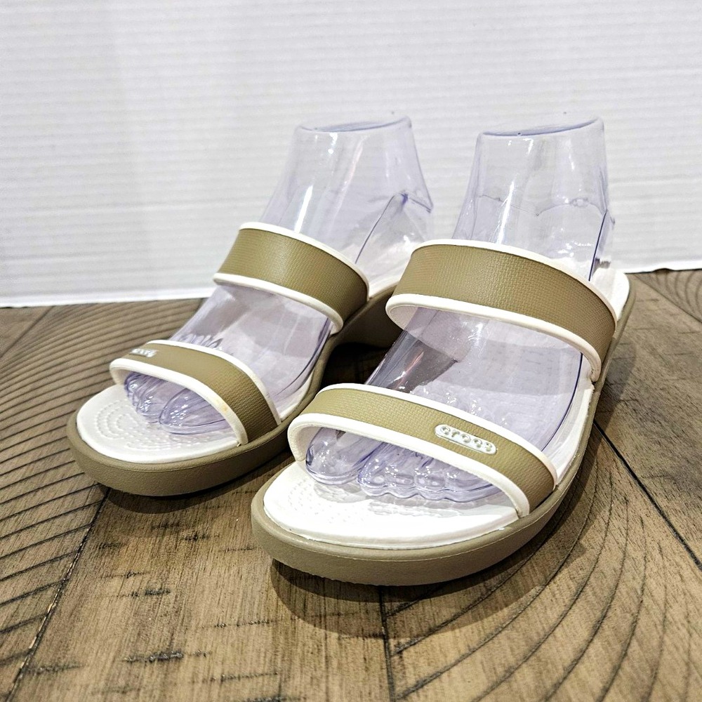 Crocs Wedge Slide Sandals 7 Beige White Minimalist Chic Comfort Neutral Resort